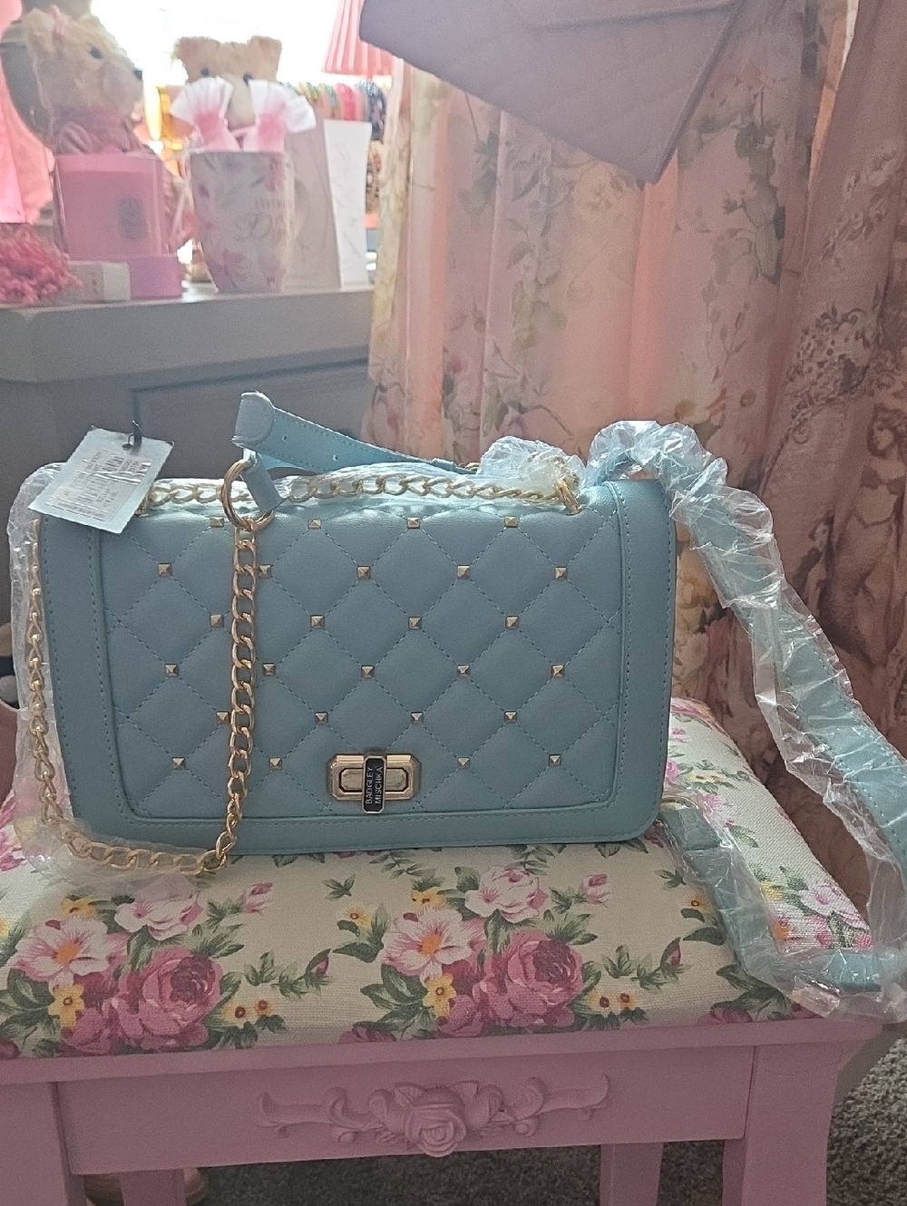 Quilted Light Blue Crossbody Bag with Gold Chain